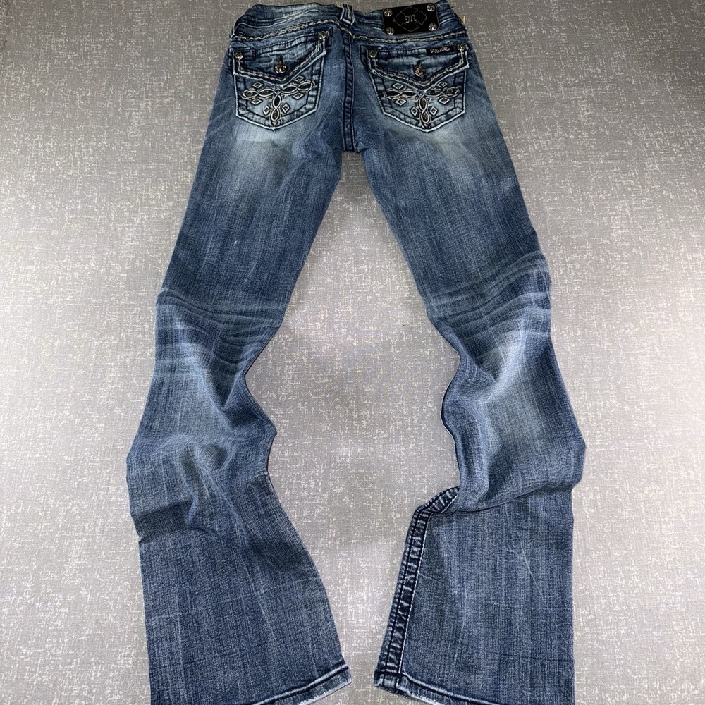 Miss Me Jeans Womens 27 Blue Mid Rise Bootcut Distressed Embroidered Rhinestone